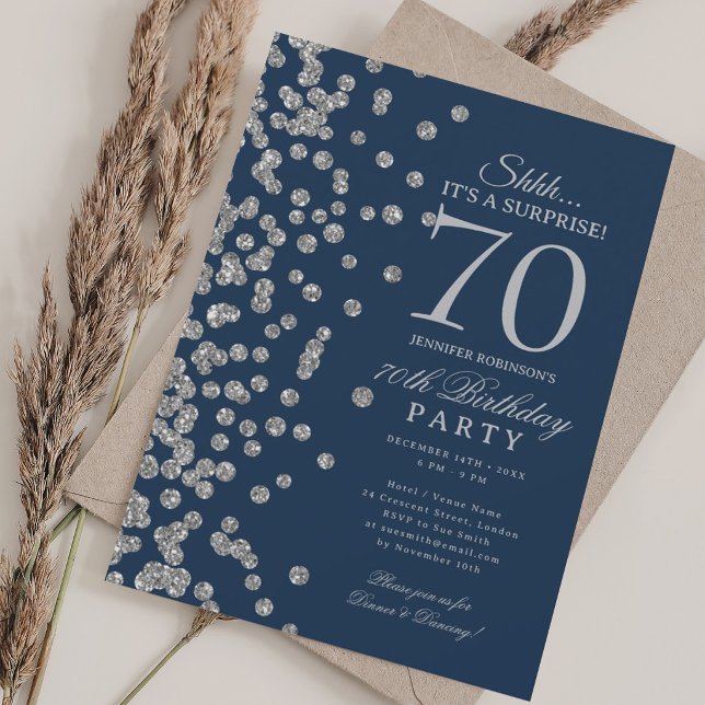 Invitation  Surprise Paillettes Argent 70e Anniversaire Bleu  (Silver Glitter Surprise 70th Birthday Navy Blue Invitation)