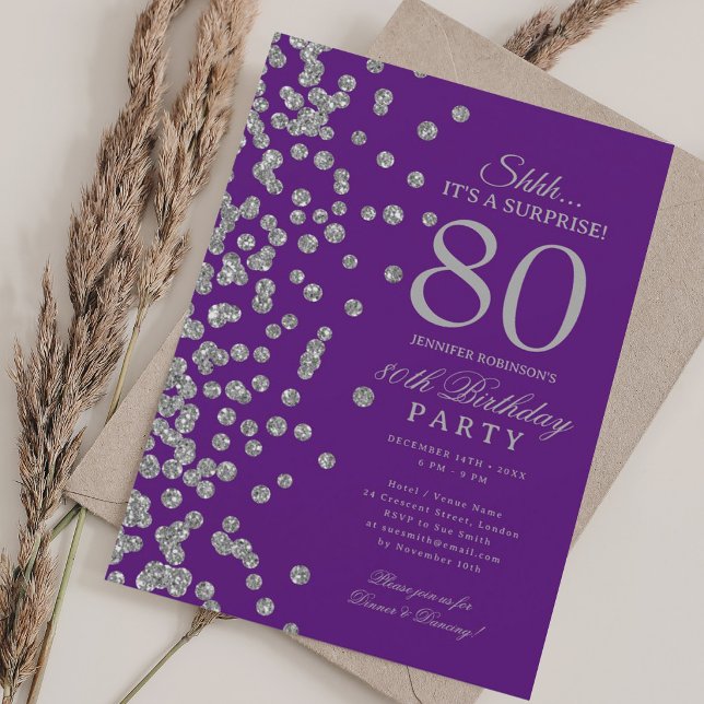 Invitation  Surprise Paillettes Argent 80e Anniversaire Viole (Créateur téléchargé)