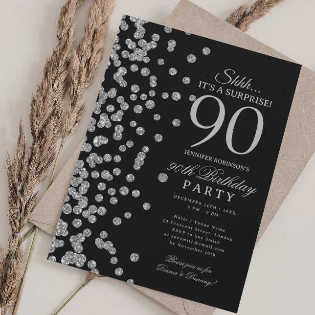 Invitation Surprise Paillettes Argent 90e Anniversaire Noir (Silver Glitter Surprise 90th Birthday Black Invitation)