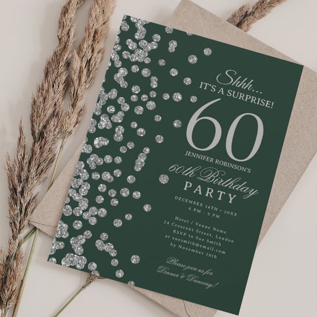 Invitation Surprise Paillettes Argentées 60e Anniversaire Ver (Silver Glitter Surprise 60th Birthday Green Invitation)