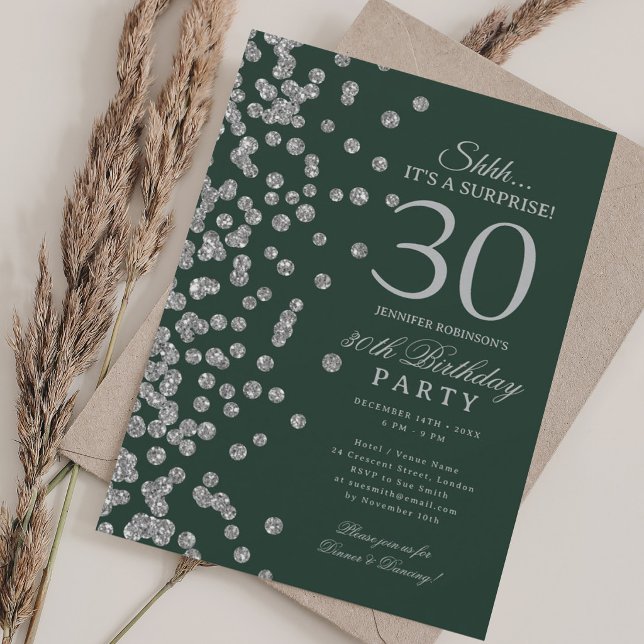 Invitation Surprise Paillettes Argentées Fête d'anniversaire  (Silver Glitter Surprise 30th Birthday Party Green Invitation)