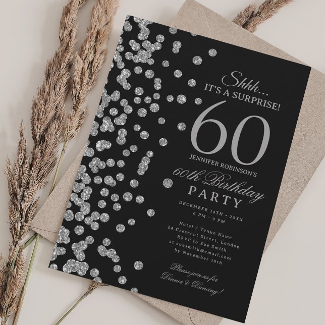 Invitation Surprise Paillettes Argentées Fête d'anniversaire  (Silver Glitter Surprise 60th Birthday Party Black Invitation)