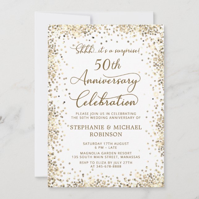 Invitation Surprise Paillettes Dorées 50e Anniversaire de Mar (Devant)