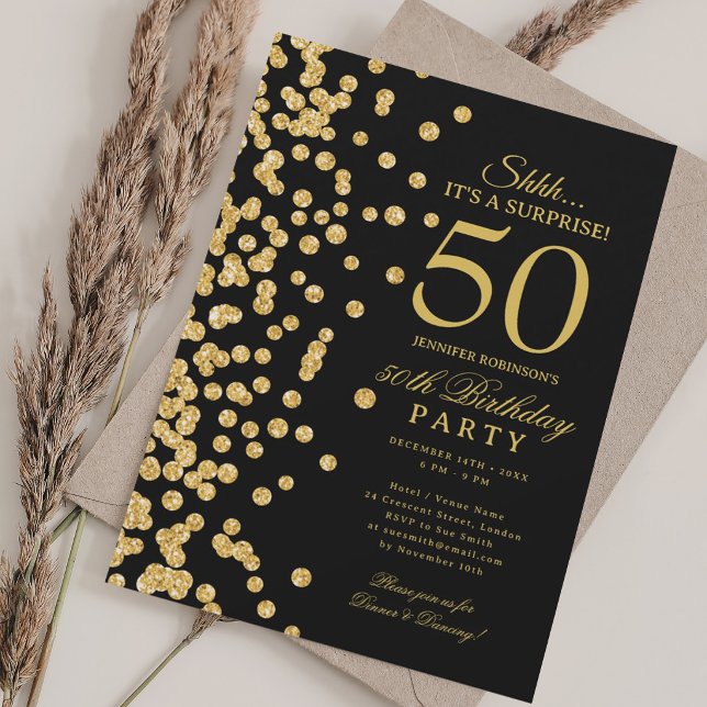 Invitation Surprise Paillettes Dorées 50e Anniversaire Noir (Gold Glitter Surprise 50th Birthday Black Invitation)