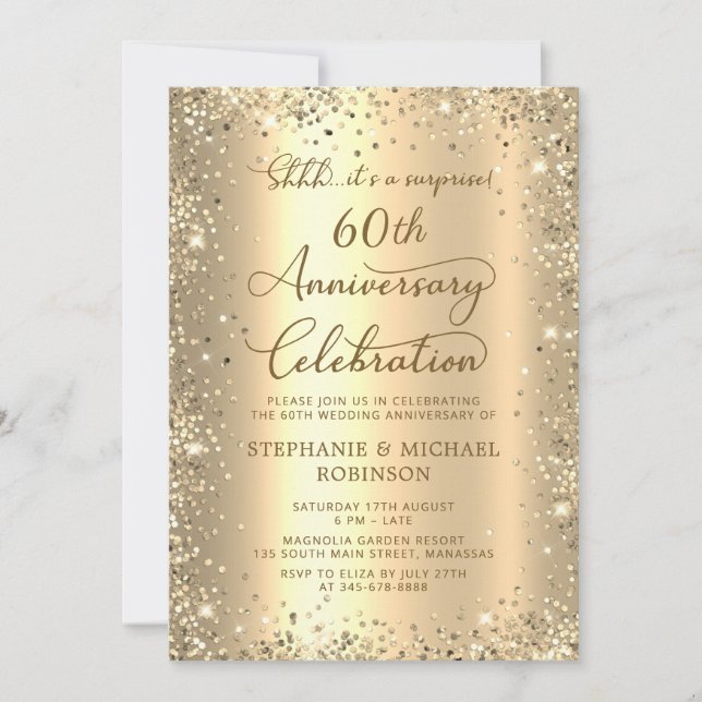 Invitation Surprise Paillettes Dorées 60e Anniversaire de Mar (Devant)