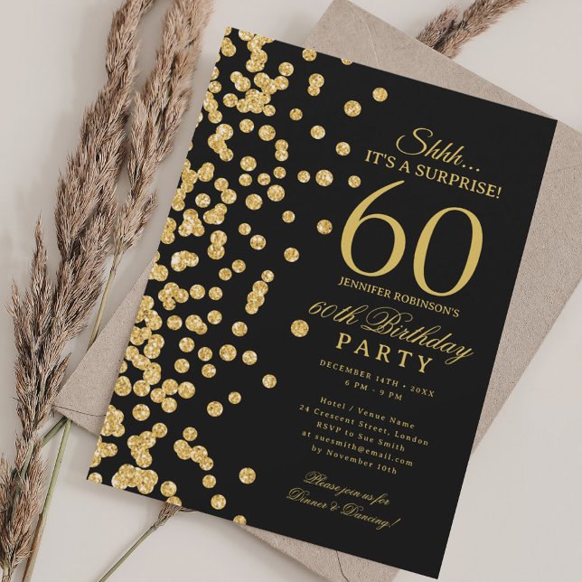 Invitation Surprise Paillettes Dorées 60e Anniversaire Noir (Gold Glitter Surprise 60th Birthday Black Invitation)
