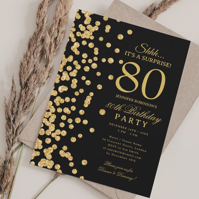 Invitation Surprise Paillettes Dorées 80e Anniversaire Noir (Gold Glitter Surprise 80th Birthday Black Invitation)