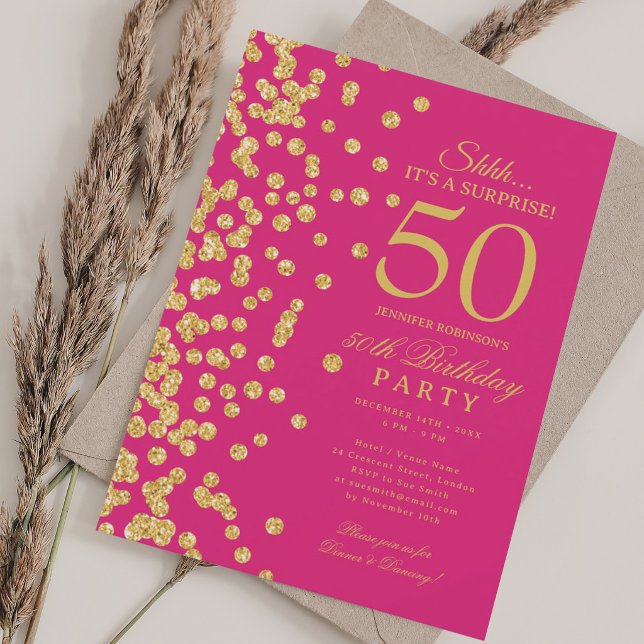 Invitation Surprise Paillettes Dorées Fête d'anniversaire 50  (Gold Glitter Surprise 50th Birthday Party Hot Pink Invitation)