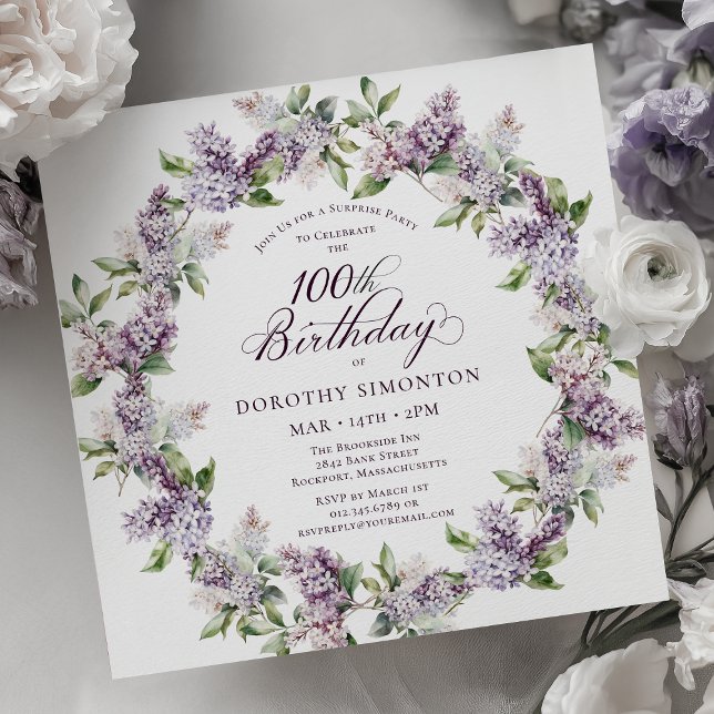Invitation SURPRISE PARTY 100e anniversaire Purple Lilac Flor (Créateur téléchargé)