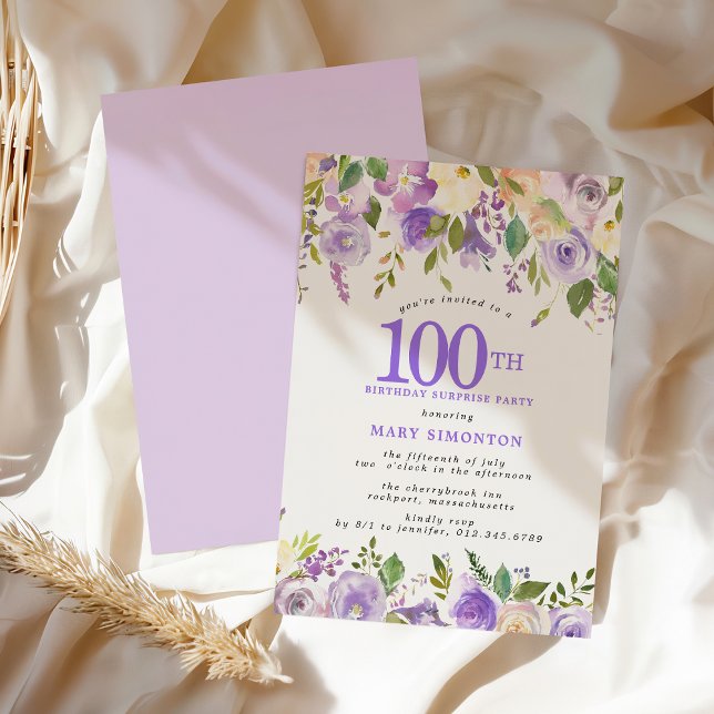 Invitation SURPRISE PARTY 100th Birthday Pretty Purple Floral (Créateur téléchargé)