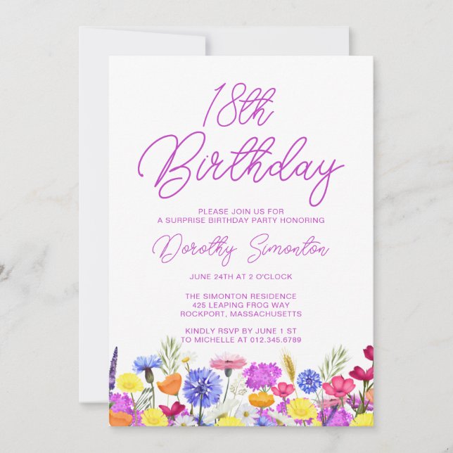 Invitation SURPRISE PARTY 18e anniversaire Fleur sauvage viol (Devant)