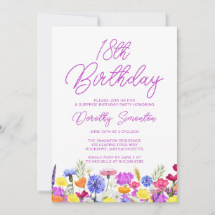 Invitation SURPRISE PARTY 18e anniversaire Fleur sauvage viol