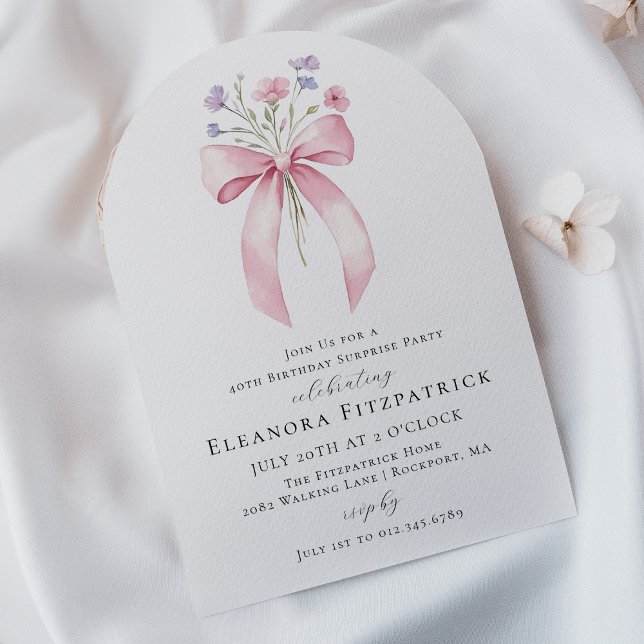 Invitation SURPRISE PARTY 40e Anniversaire Bow Fleur sauvage  (Créateur téléchargé)