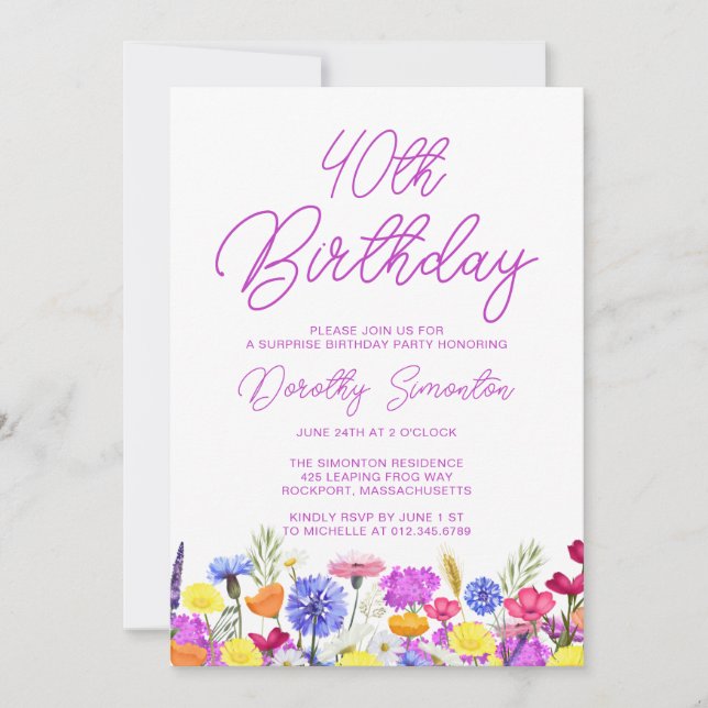 Invitation SURPRISE PARTY 40E Anniversaire Violet Fleur sauva (Devant)