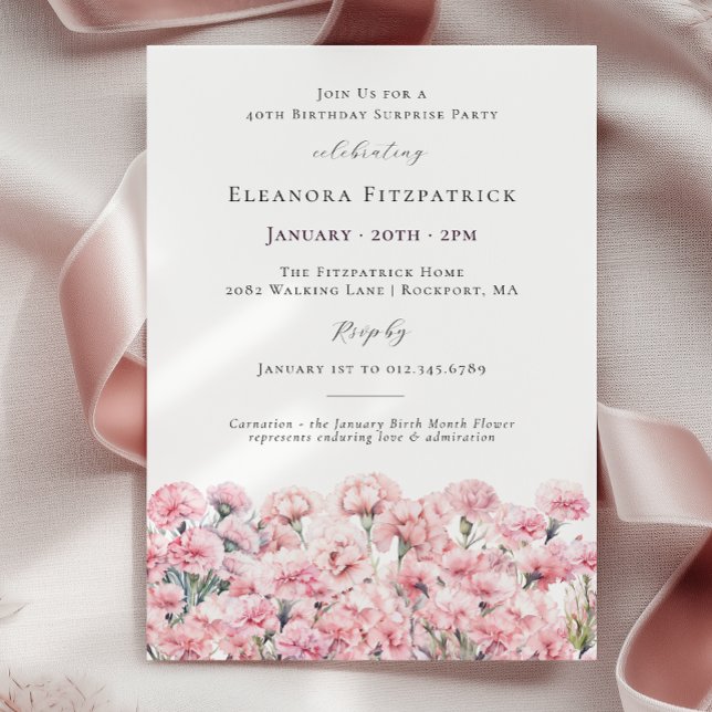 Invitation SURPRISE PARTY 40th Birthday Pink Carnation Floral (Créateur téléchargé)