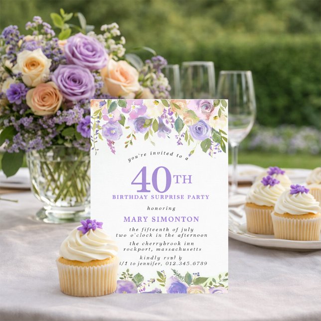 Invitation SURPRISE PARTY 40th Birthday Pretty Purple Floral (Créateur téléchargé)