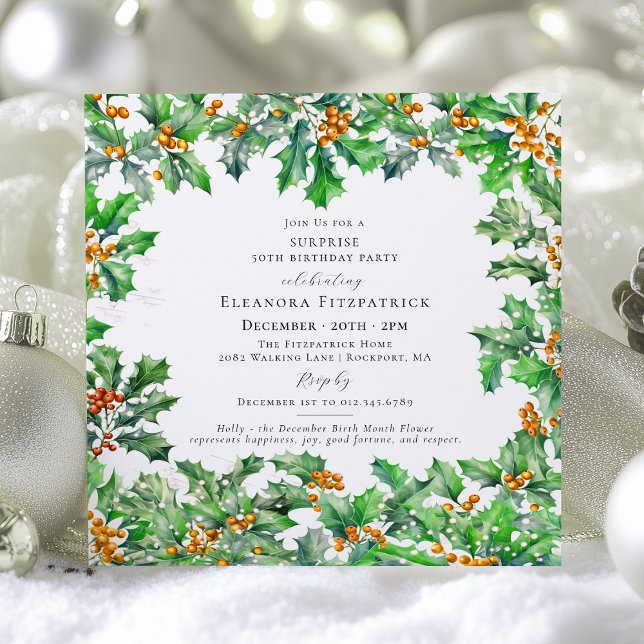 Invitation SURPRISE PARTY 50th Birthday December Birth Flower (Créateur téléchargé)