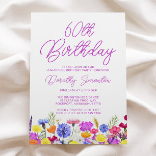 Invitation SURPRISE PARTY 60E Anniversaire Fleur sauvage viol