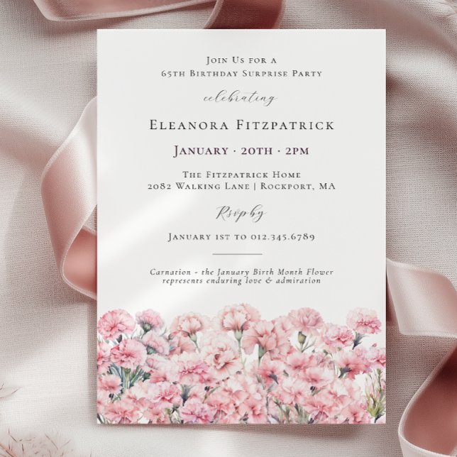 Invitation SURPRISE PARTY 65th Birthday Pink Carnation Floral (Créateur téléchargé)