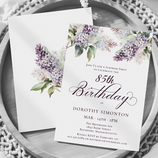 Invitation SURPRISE PARTY 85e anniversaire Purple Lilac Flora (Créateur téléchargé)