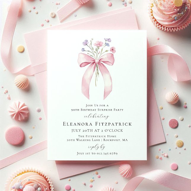 Invitation SURPRISE PARTY 90th Birthday Bow Fleur sauvage (Créateur téléchargé)