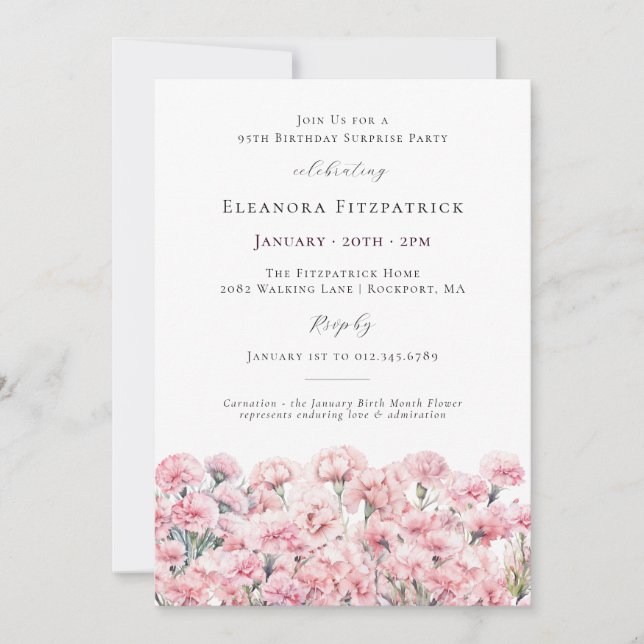 Invitation SURPRISE PARTY 95th Birthday Pink Carnation Floral (Devant)