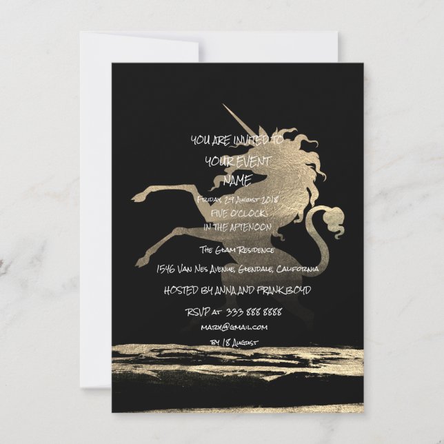 Invitation Surprise Party Black Golden Brosses Unicorn (Devant)