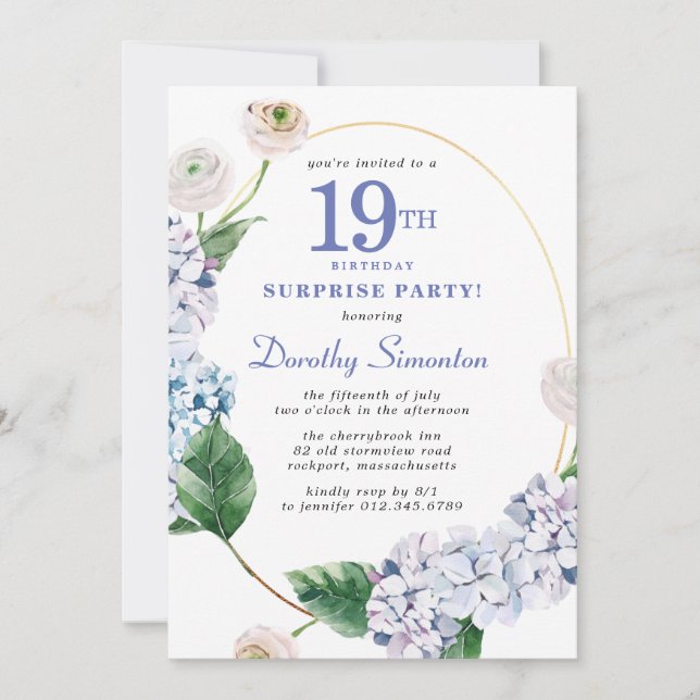 Invitation Surprise Party Hydrangea Rose 19e anniversaire (Devant)