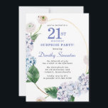 Invitation Surprise Party Hydrangea Rose 21e anniversaire<br><div class="desc">Des fleurs d'hydrangée bleue et des fleurs roses rousses ornent un cadre ovale doré. Une botanique moderne ouverte et aérée.</div>