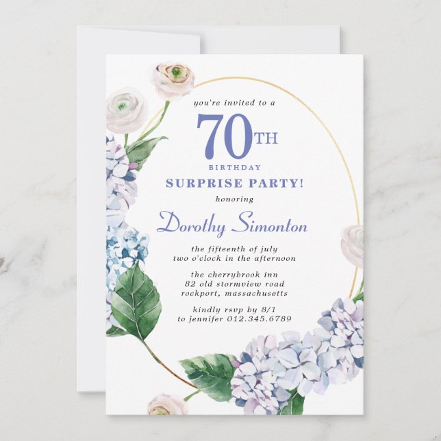 Invitation Surprise Party Hydrangea Rose 70e anniversaire (Devant)
