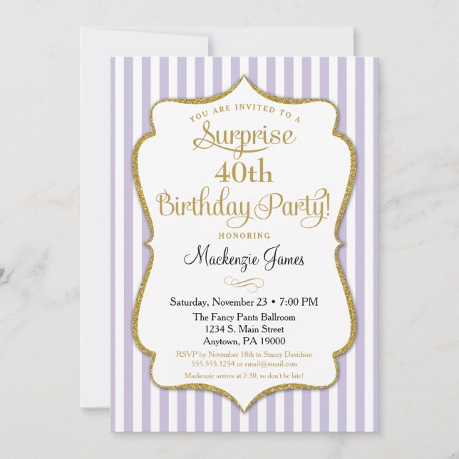 Invitation Surprise Party Lavender Lilac Gold (Devant)