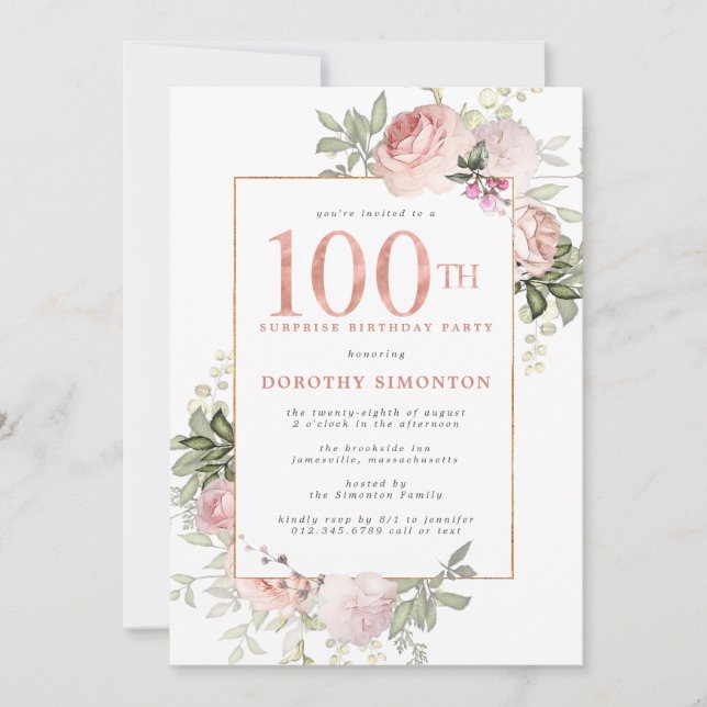 Invitation SURPRISE PARTY Pink Gold Floral 100e anniversaire (Devant)