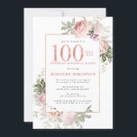 Invitation SURPRISE PARTY Pink Gold Floral 100e anniversaire<br><div class="desc">Faites honneur à une femme spéciale avec cette invitation à la fête surprise du 100e anniversaire, élégante et féminine. Le 100ème est écrit en gros texte rose. La célébration d'anniversaire suit. Le nom de l'invité honoré est également en majuscules roses. Le reste du texte est doucement gris colombe. Les détails...</div>