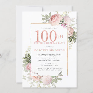 Invitation SURPRISE PARTY Pink Gold Floral 100e anniversaire
