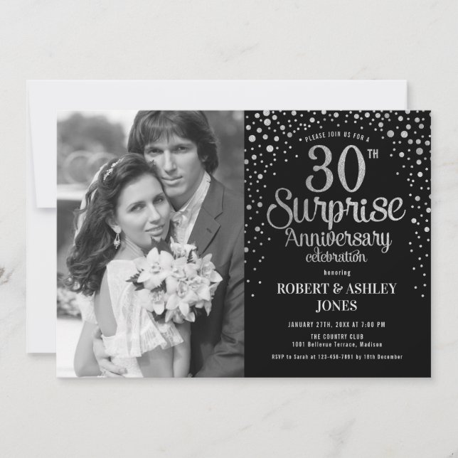 Invitation Surprise Photo 30e Anniversaire - Noir Argent (Devant)