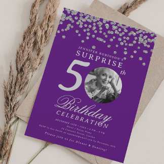 Invitation SURPRISE Photo 50 Anniversaire Argent Confetti Vio