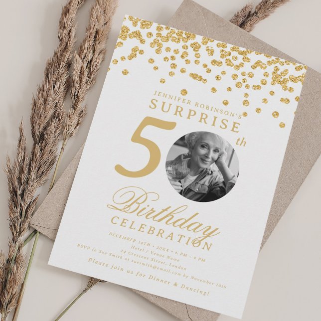 Invitation SURPRISE Photo 50e anniversaire Gold Confetti (SURPRISE Photo 50th Birthday Gold Confetti Invitation)
