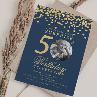 Invitation SURPRISE Photo 50e anniversaire Gold Confetti Navy