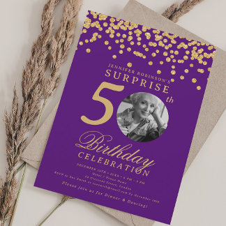 Invitation SURPRISE Photo 50e anniversaire Gold Confetti viol