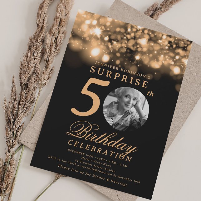 Invitation SURPRISE Photo 50e anniversaire Gold Midnight Glam (SURPRISE Photo 50th Birthday Gold Midnight Glam Invitation)