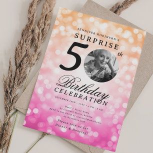 Invitation SURPRISE Photo 50e anniversaire Orange Pink Bokeh