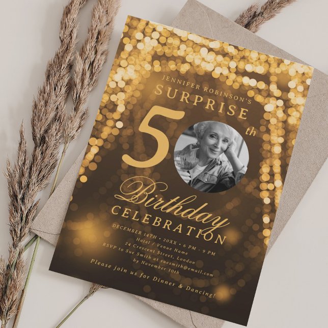 Invitation SURPRISE Photo 50th Birthday Gold Glam Lights (SURPRISE Photo 50th Birthday Gold Glam Lights Invitation)