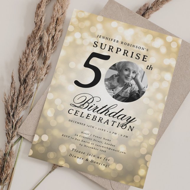 Invitation SURPRISE Photo 50th Birthday Party Gold Bokeh (SURPRISE Photo 50th Birthday Party Gold Bokeh Invitation)