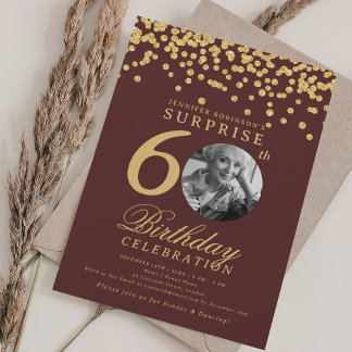 Invitation SURPRISE Photo 60 Anniversaire Gold Confetti Bourg