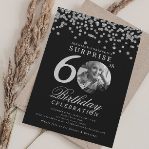 Invitation SURPRISE Photo 60e anniversaire Argent Confetti No