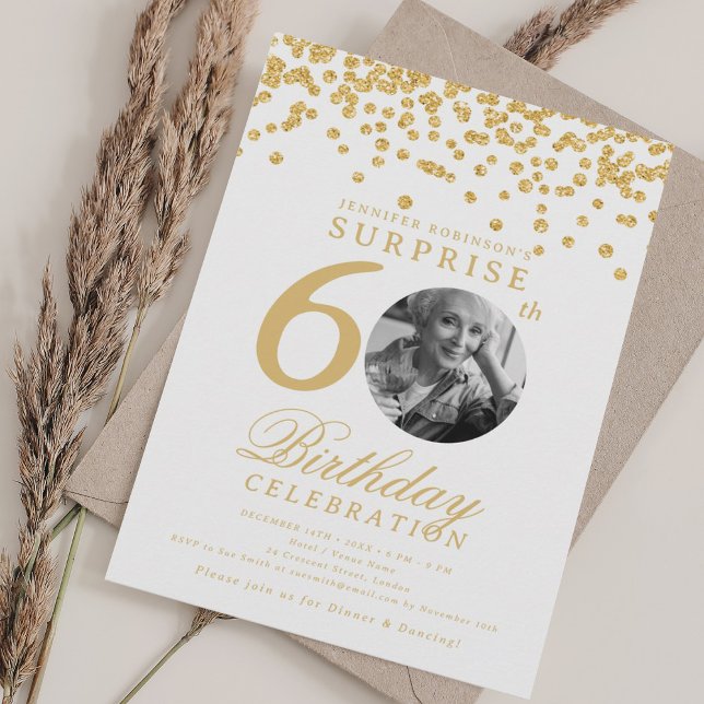 Invitation SURPRISE Photo 60e anniversaire Gold Confetti (SURPRISE Photo 60th Birthday Gold Confetti Invitation)