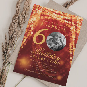 Invitation SURPRISE Photo 60e anniversaire Red Gold Glam Lumi