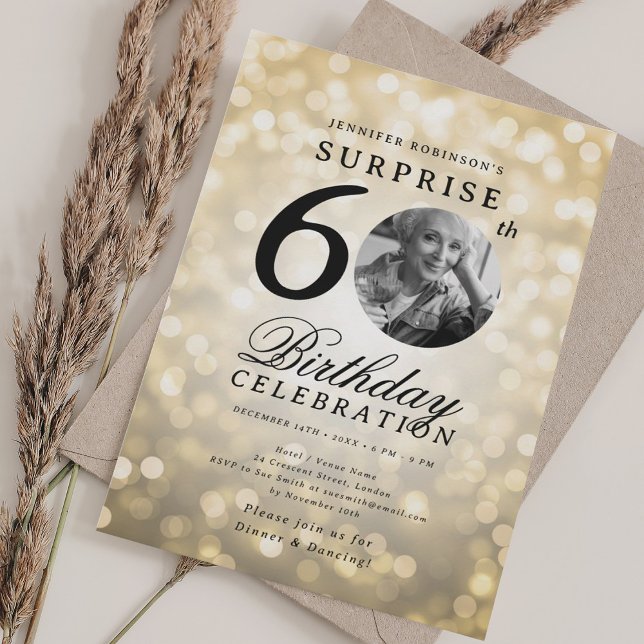 Invitation SURPRISE Photo 60th Birthday Party Gold Bokeh (SURPRISE Photo 60th Birthday Party Gold Bokeh Invitation)