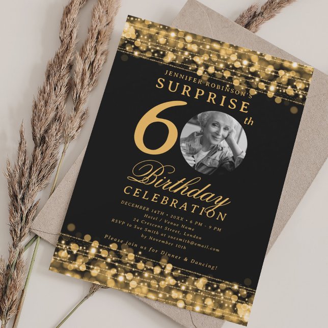 Invitation SURPRISE Photo 60th Birthday Party Gold Lights (SURPRISE Photo 60th Birthday Party Gold Lights Invitation)
