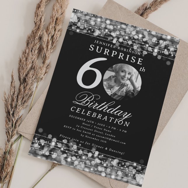 Invitation SURPRISE Photo 60th Birthday Party Silver Lights (SURPRISE Photo 60th Birthday Party Silver Lights Invitation)